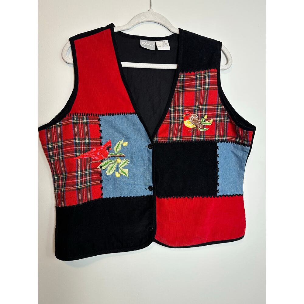 Vintage Blair Patchwork Vest L Red Plaid Corduroy Embroidered Birds 90s Cottage